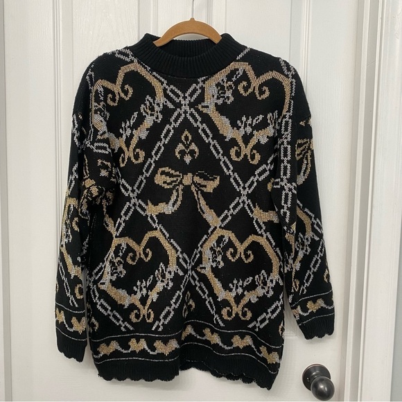 Vintage Dana Scott Metallic Bow Heart Sweater Medium Black Gold Silver - Picture 1 of 9